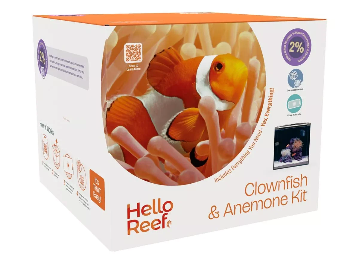 The HelloReef saltwater aquarium kit box, slightly at an angle showing primarily the front of the box and part of the side. on the front of the box is a large image of an orange clownfish in an anemone, which takes up 3/4 of the panel covering the upper left portion.