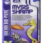 product shot of a blister pack of frozen Hikari mysis shrimp. It has a purple label with a seahorse and coral on it.