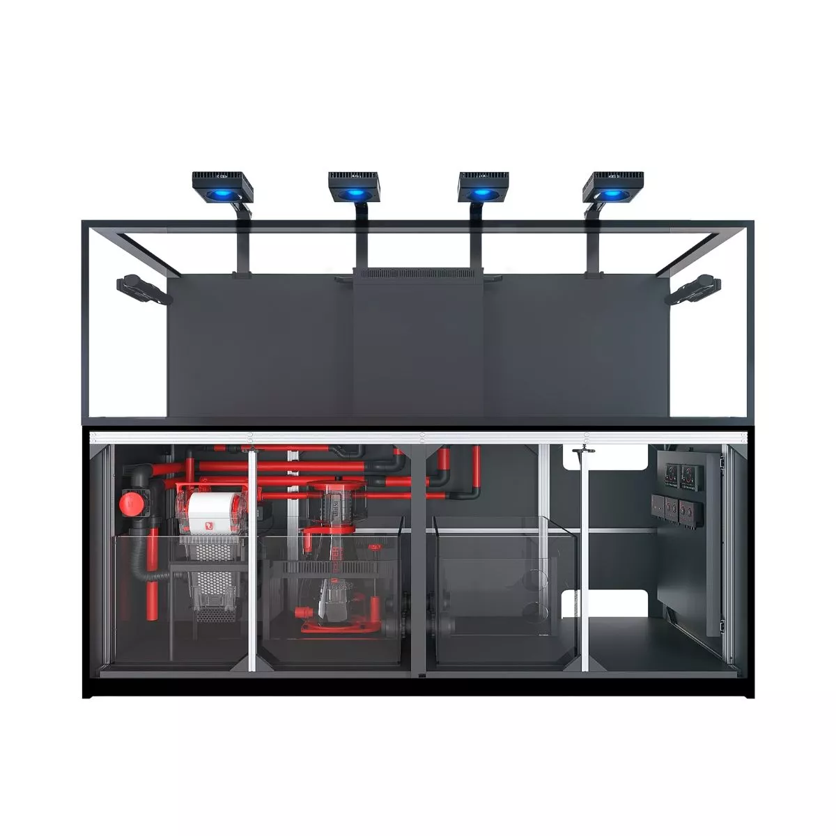 Large reef aquarium system with four lights and cabinet equipment compartments