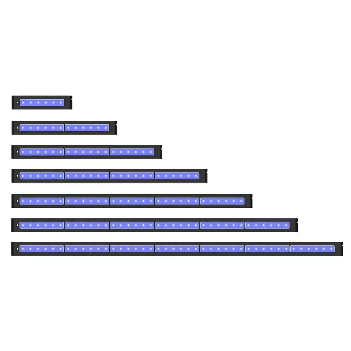 Seven aquarium LED light bars shown in increasing lengths