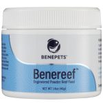 product shot of small white container for coral food. It has a screw on white lid and a blue and white label which says Benepets Benereef