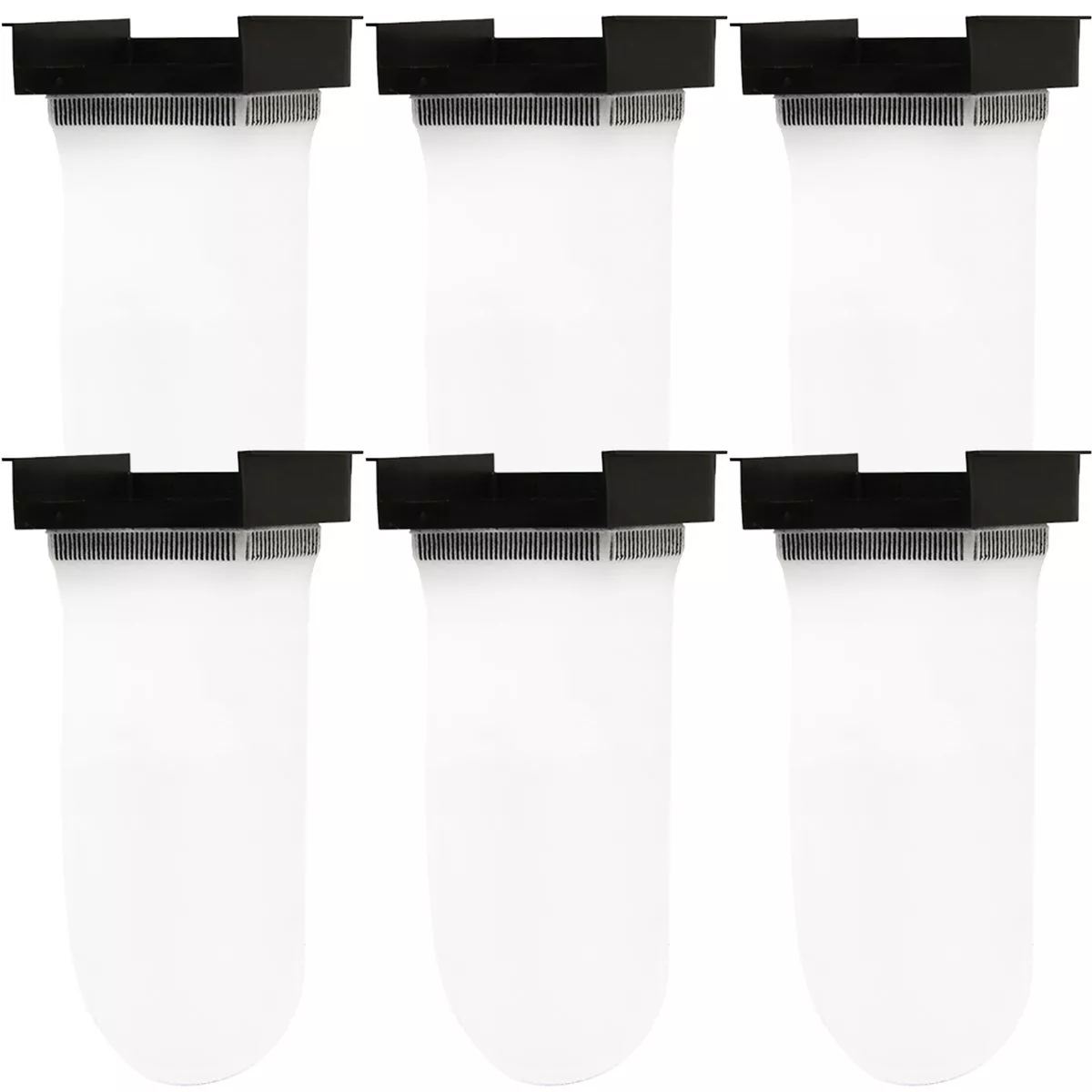 Six white aquarium filter socks with black plastic holders