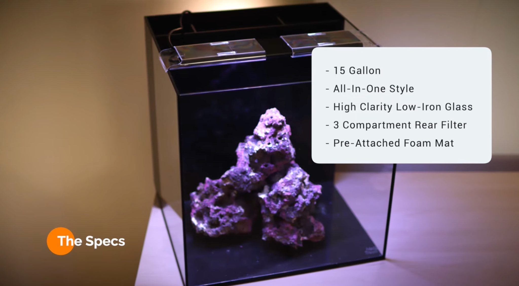 shot of 15 glass tank with purple rock structure sitting on top of a wooden table. Overlay bubble with tank specs.
