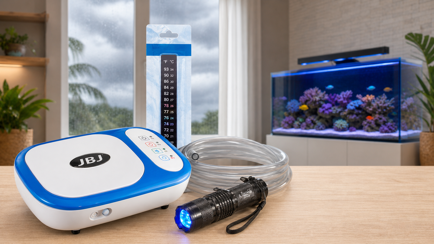 Aquarium emergency air pump, thermometer, and flashlight