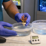 Gloved reef keeper holding a new coral frag above separate dip and rinse containers