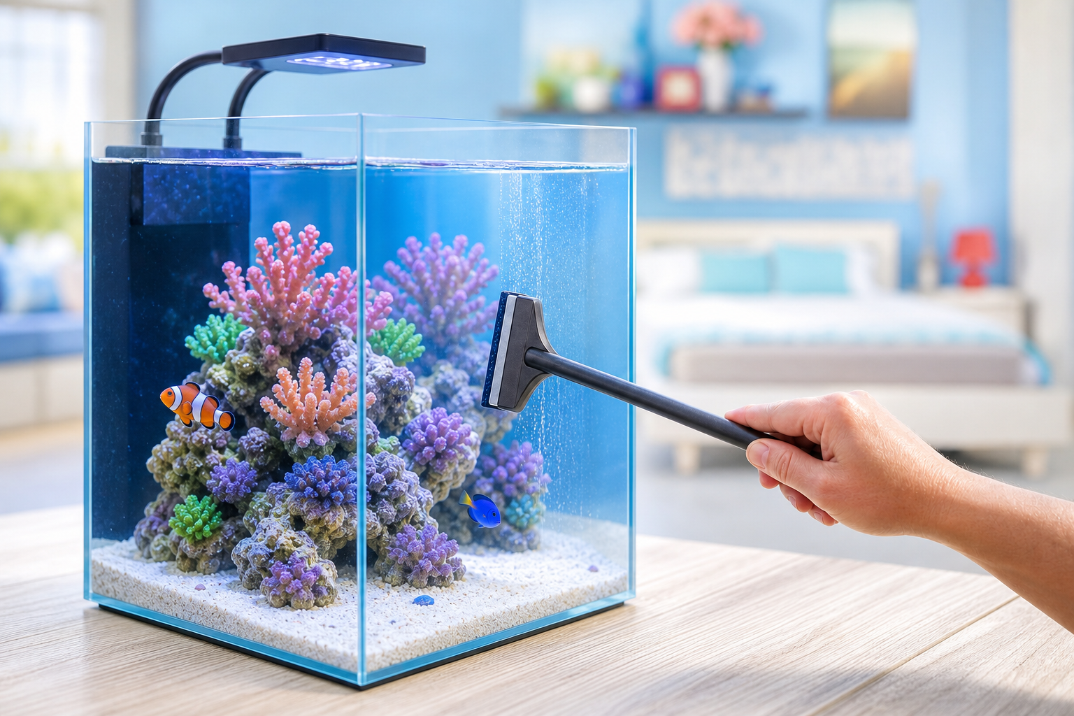 Hand using an algae scraper to clean a bright small saltwater reef aquarium