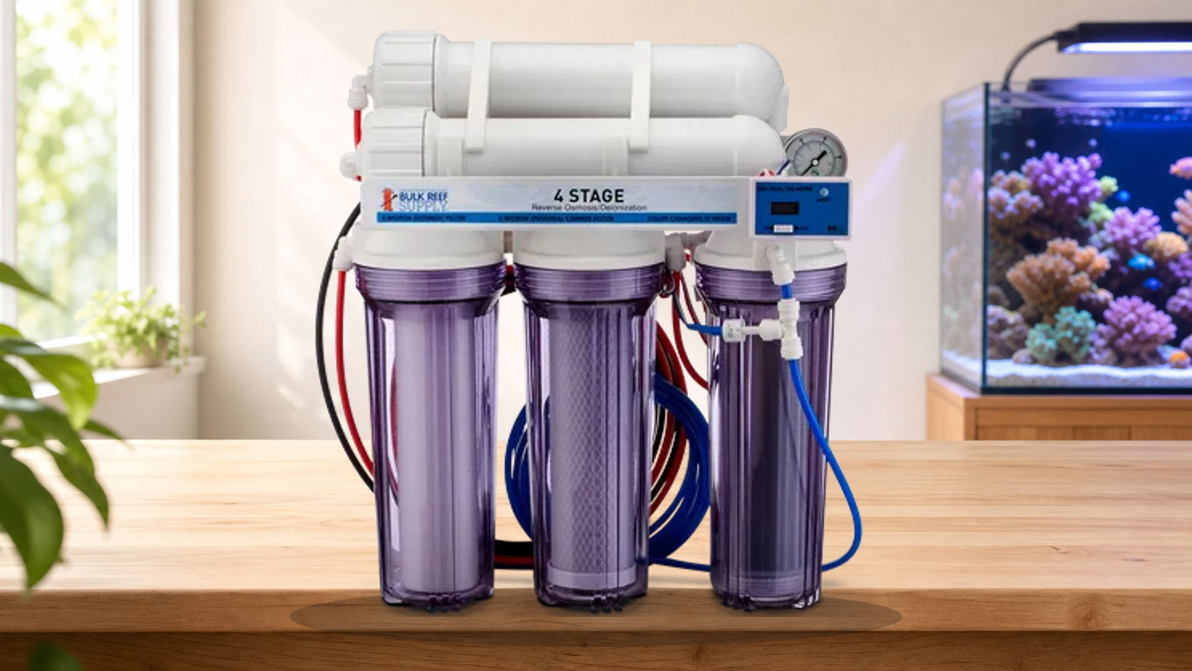 Real BRS four-stage RO/DI filtration system beside a reef aquarium