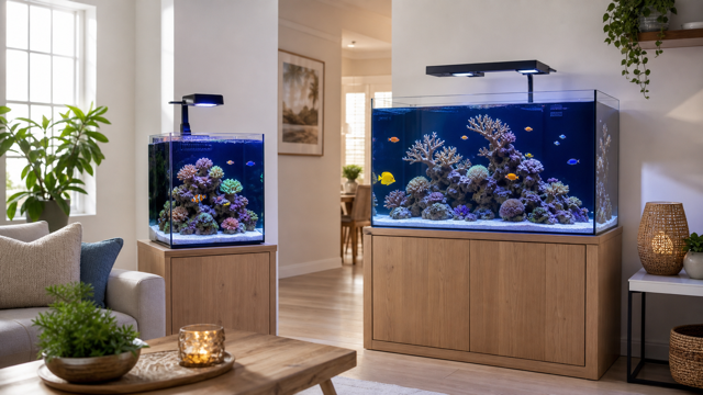 A compact nano reef aquarium beside a roomier beginner saltwater aquarium in a bright home
