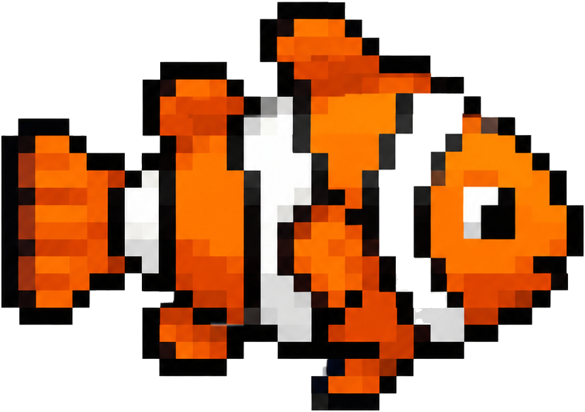 Pixel-art orange and white clownfish from Swimmy Fish